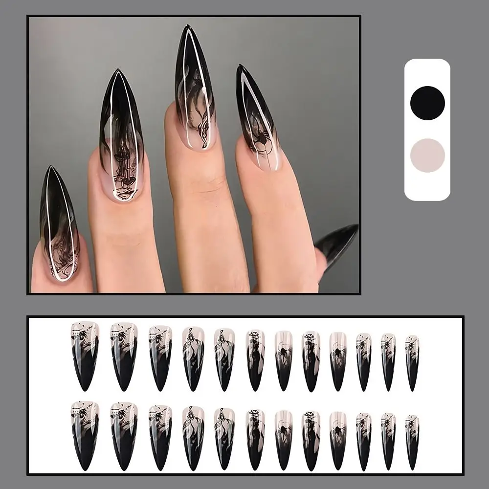 24/30 Uds. Pintura de tinta de uñas postizas con purpurina de especias a la moda, uñas postizas francesas doradas, flores de amor, manchas, prensa en uñas para mujeres y niñas