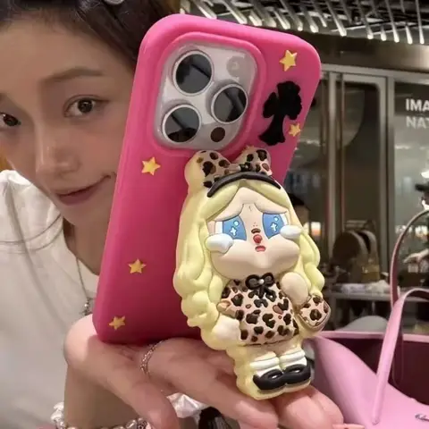 Star Leopard Print Yellow Hair Crying Girl With Stand Suitable For Iphone 16 15 Phone Case 14 13 17 Pro Max