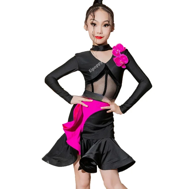 Vestidos de baile latino de Tango Rumba para niñas, vestido de baile latino para niños, vestido de competición de salón, traje de actuación de escenario de práctica