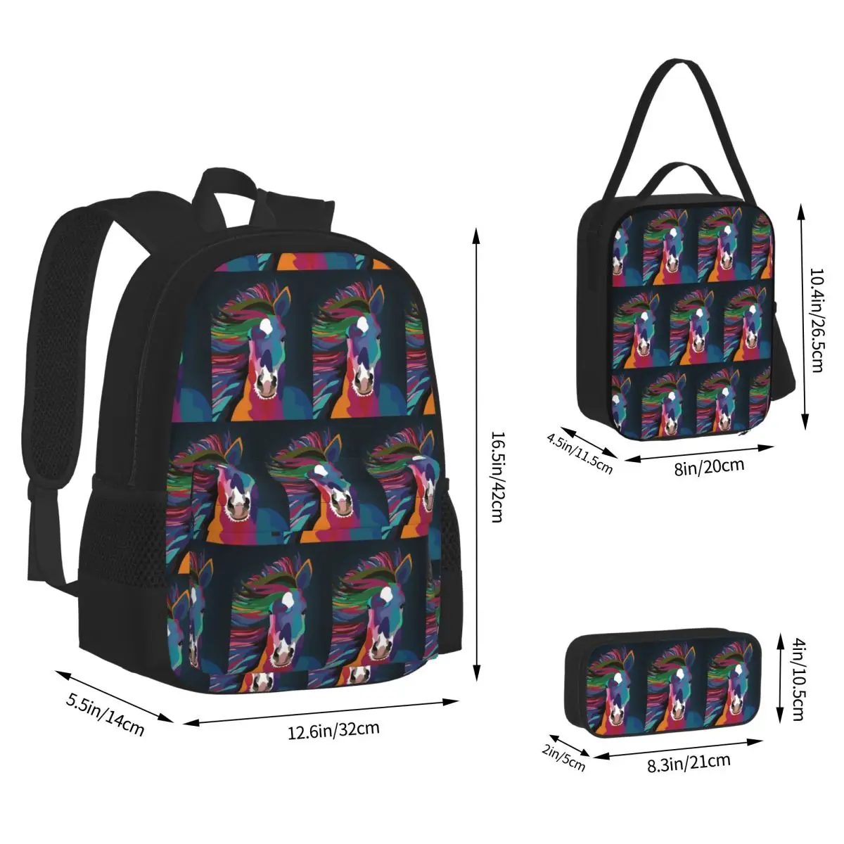 Horse Running Backpacks Boys Girls Bookbag School Bags Kids Rucksack Lunch Bag Pen Bag Three-Piece Set