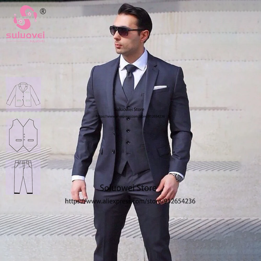 

Classic Navy Blue Suits For Men Slim Fit 3 Piece Pants Set Party Groom Wedding Notch Lapel Tuxedo Male Business Blazer Masculino