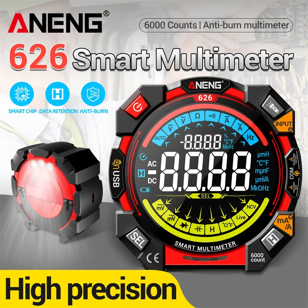 ANENG 626 Digital Multimeter 6000 Counts USB Rechargeable NCV Non-contact Tester AC DC Voltage Current Resistance Capacitance