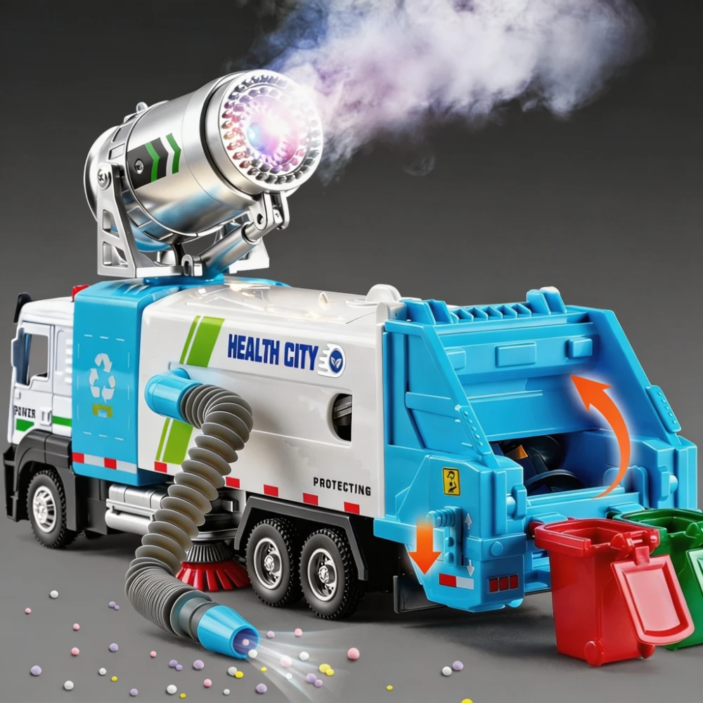 1:32 Electric Vacuum Cleaner Car Model Toy Metal Body Music Light Spray Engineering Vehicles Decorative Ornaments for Boys