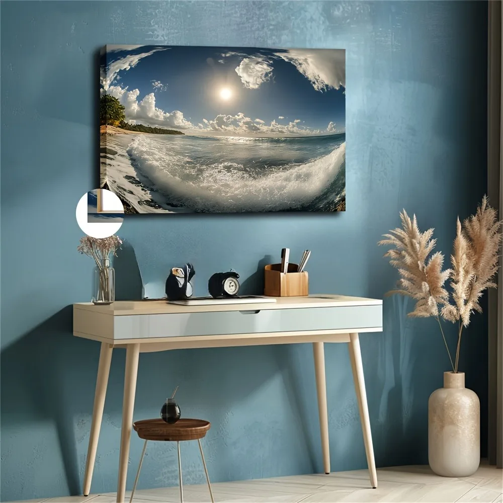 

Stunning 24x36 inch decorative painting canvas art - solemn waves lapping under blue sky, white clouds - Coast home decor