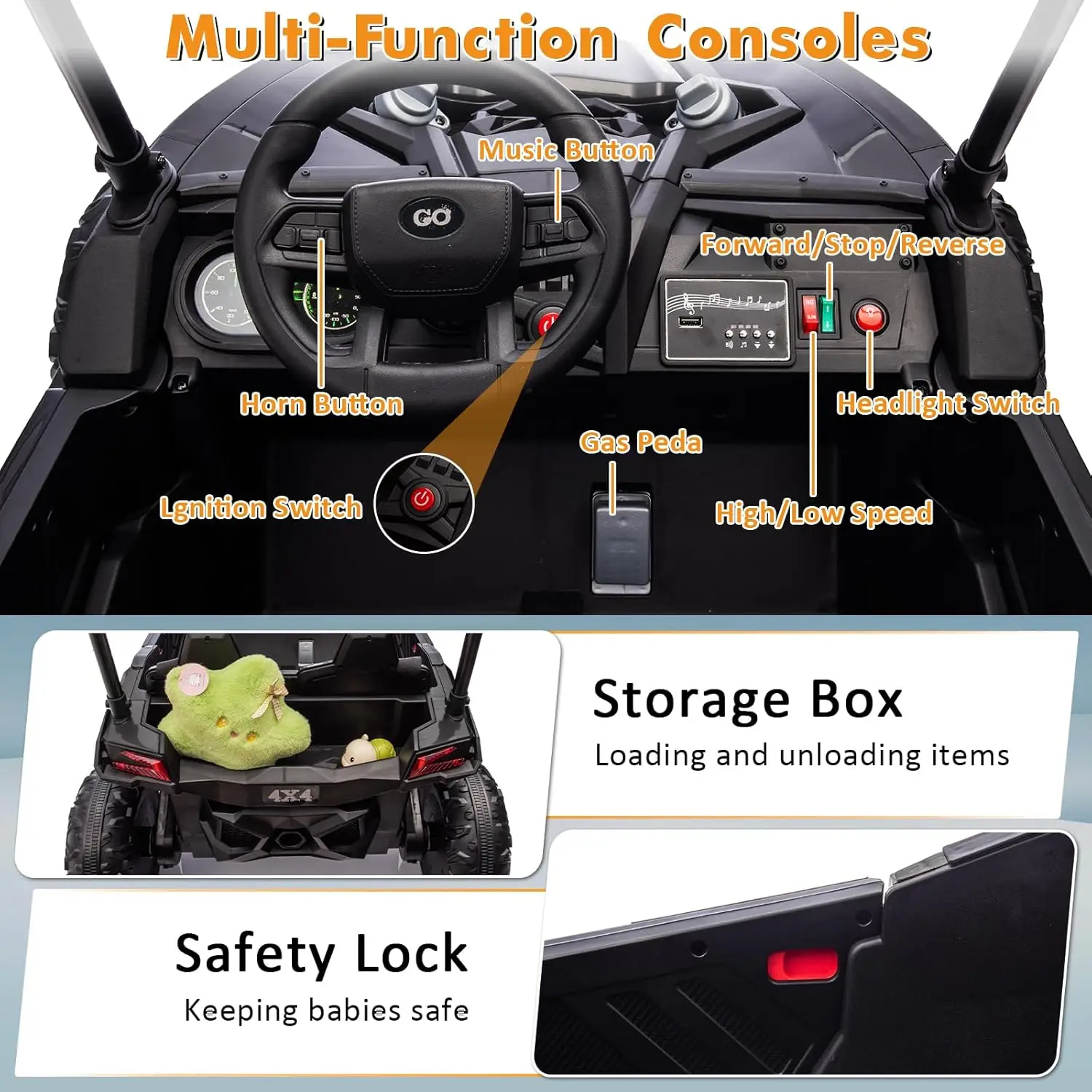 Samochody do jazdy na 24 V dla dzieci, pojazdy elektryczne dla dzieci UTV z pilotem, pasem bezpieczeństwa, klaksonem, muzyką i światłami, 3 prędkości