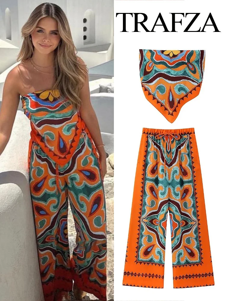 TRAFZA Woman Clothing Fashion Top Pant Set Vintage Print Sexy Strapless Backless Tops＋Woman Elastic Waist Casual Trousers Sets