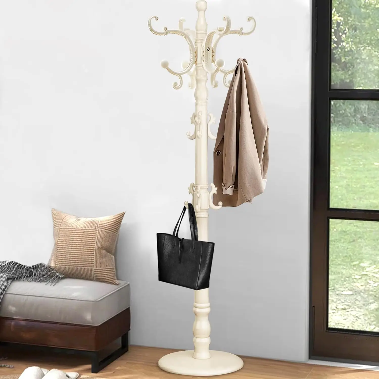 Rack Freestanding, Wooden Coat Tree with Stable Round Base, Vintage Heavy Duty Coat Rack Stand with 14 Hooks, Coat Hanger Stand