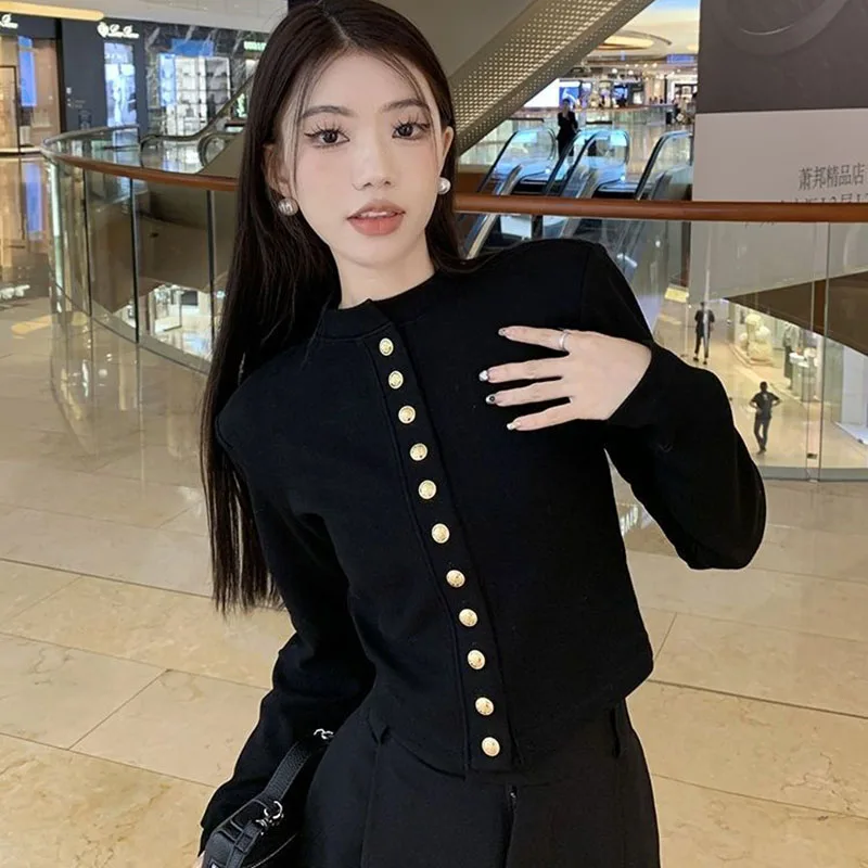 Black Sweet Women Crop Cardigan Korean Fashion Slim Long Sleeve Button Tops Autumn New Casual All Match Female White Blouse Top