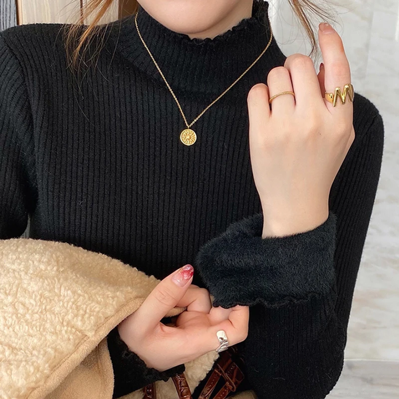 เสื้อสเวตเตอร์คอเต่าแต่งระบายสำหรับผู้หญิง ITOOLIN รุ่นฤดูหนาว ผ้าฟลีซหนานุ่ม อุ่นสบาย เก็บความร้อน เสื้อกันหนาวสำหรับผู้หญิง ผ้าแคชเมียร์