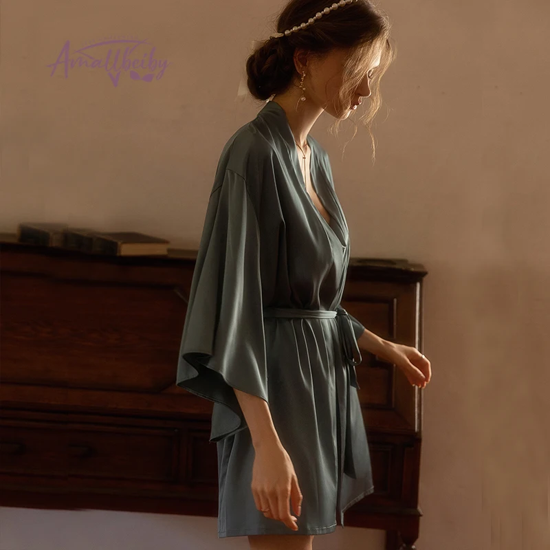 Kimono de satén negro para mujer, lencería de encaje, pijamas de seda pura de hielo, albornoz de noche para boda y dama de honor