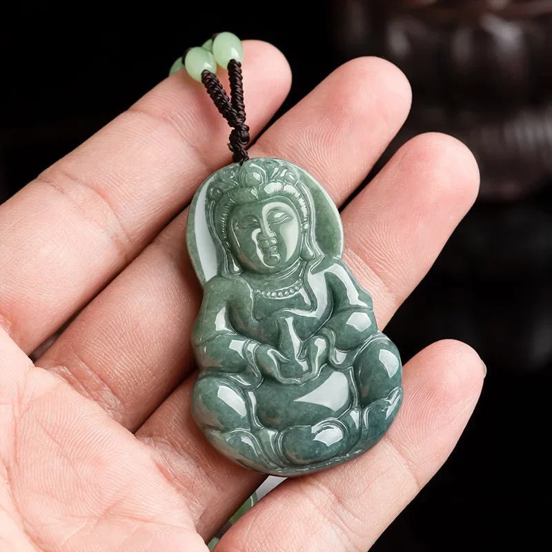 

Burmese Jade Guanyin Pendant Natural Emerald Gemstone Vintage Necklace Jadeite Amulets Men Jewelry Gift Chinese Green