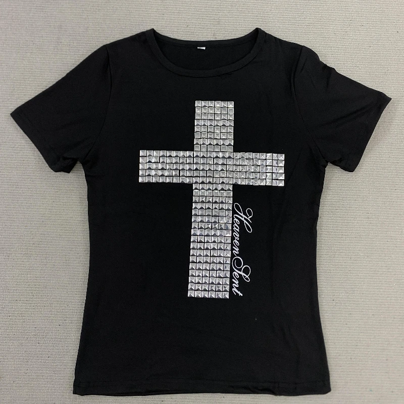 Cross hot brick printed T-shirt with exposed navel punk fashion women's short sleeved streetwear hip-hop women's T-shirt