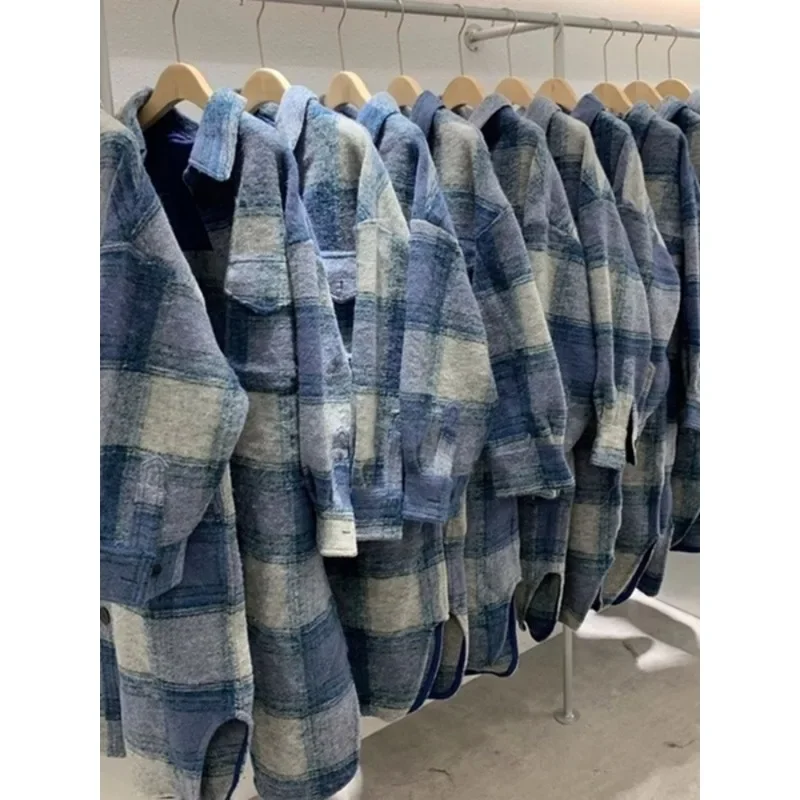 Plaid Single Tops Korean Outerwear Female Overcoat Fashion 2023 Spring Winter Women Loose Long Woolen CoatsVintage Loose Coat