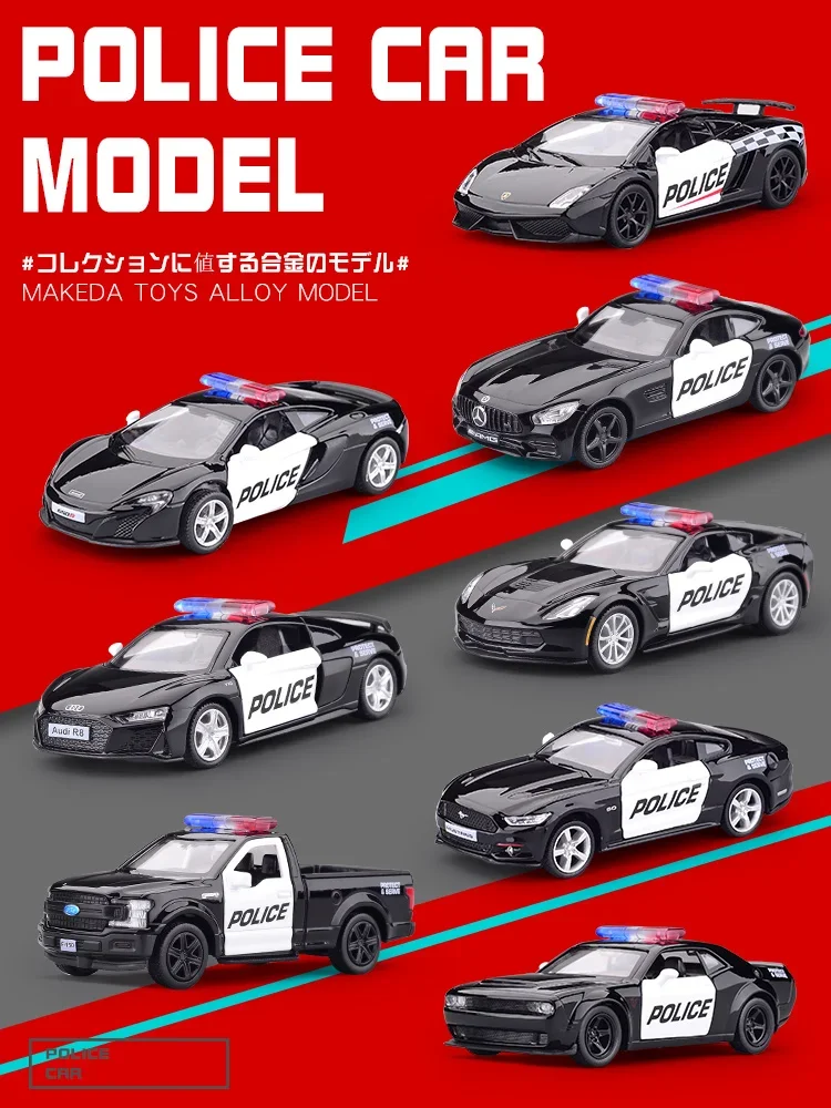 Simulation 1/36 Diecast Audi R8 Police Car Model Lambor Ford Alloy Toy Vehicle Children Boy Gift Collective Miniature Voiture