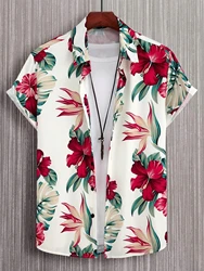 Hawaiian Tropical Floral Flamingo Print Men's and Women's Short Sleeve Shirts Seaside Lapel Button-Down Shirt Tops