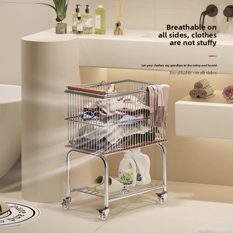 Movable Dirty Laundry Cart Storage Trolley Carbon Steel Bathroom Basket Rolling Cart Storage Cart Rolling Storage Cart Handcart