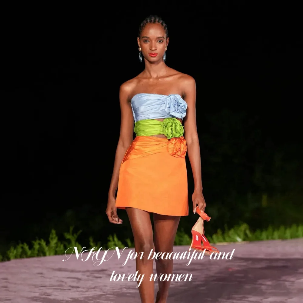 

NFYN Elegant 3D-Flowers Prom Gown Backless Sleeveless Party Dresses Satin Mini Skirt Evening Dresses вечернее платье Customized