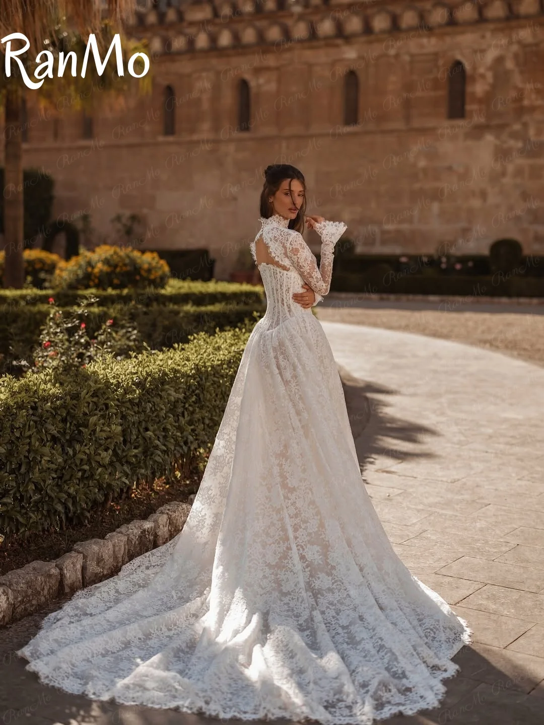 Ranmo New 2025 White Wedding Dress High Neck A-Line Full Sleeve Lace Wedding Gowns Luxury Boho Bridal Ball Prom Dress Customised