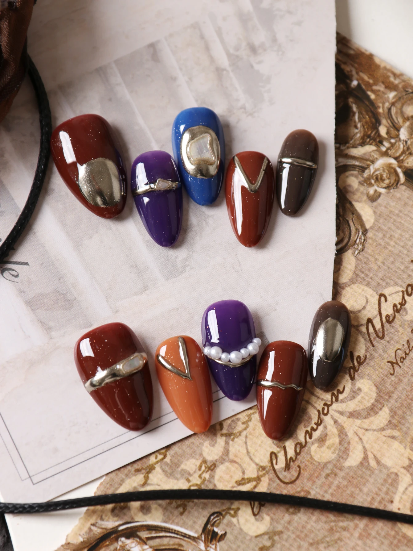 10Pcs Press on Nails Short Almond Dark Brown Purple Blue Silvery Fake Nails Includes 1 Sheet of Adhesive Tabs & 1 Pc Mini File