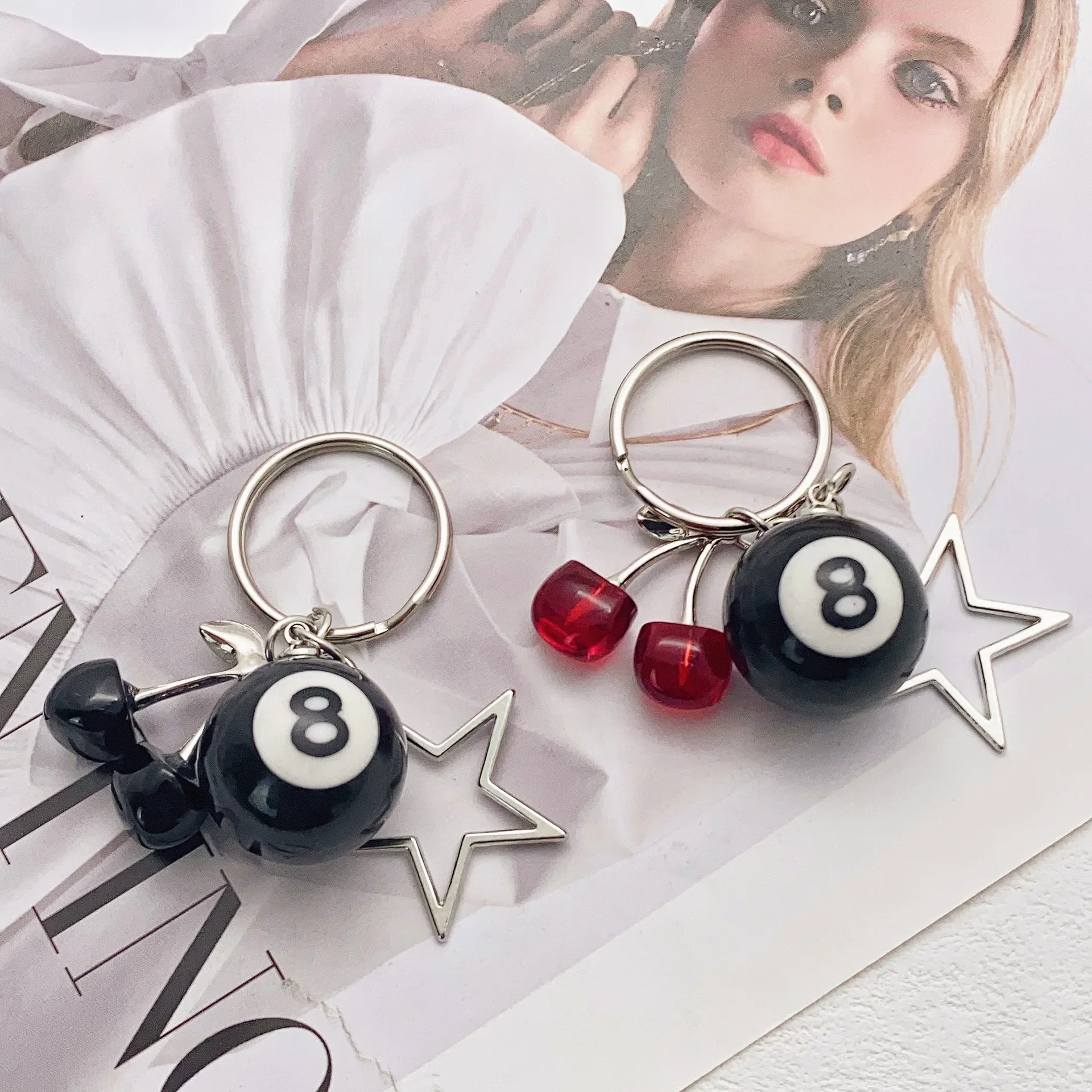 Creative 8 Ball Fruit Cherry Star Keychain Phone Accessories Y2K Handmade Key Strap Wallet Keyrings Bag Pendant