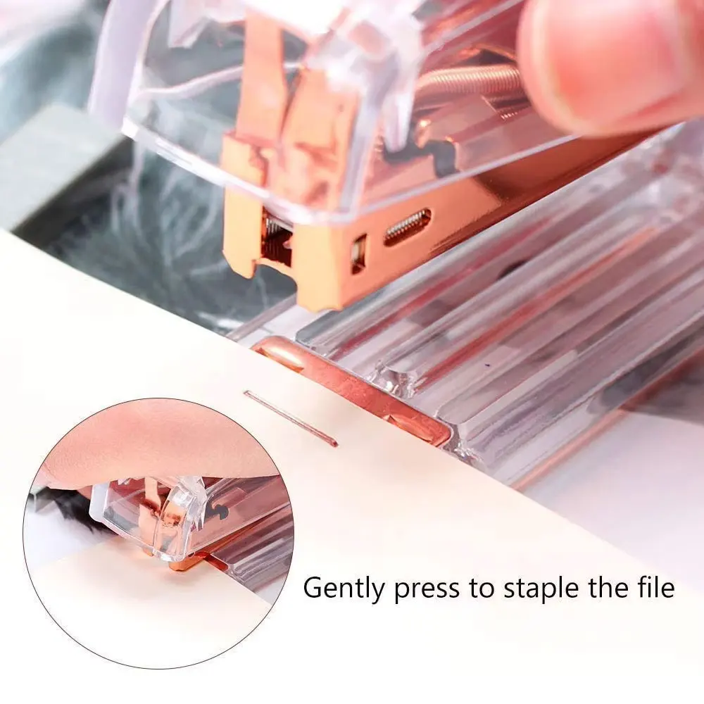 Small Office Stapler,Transparent Spring Powered Desktop Standard Stapler with Free 1000 Pieces Standard Staples - Rose Gold
