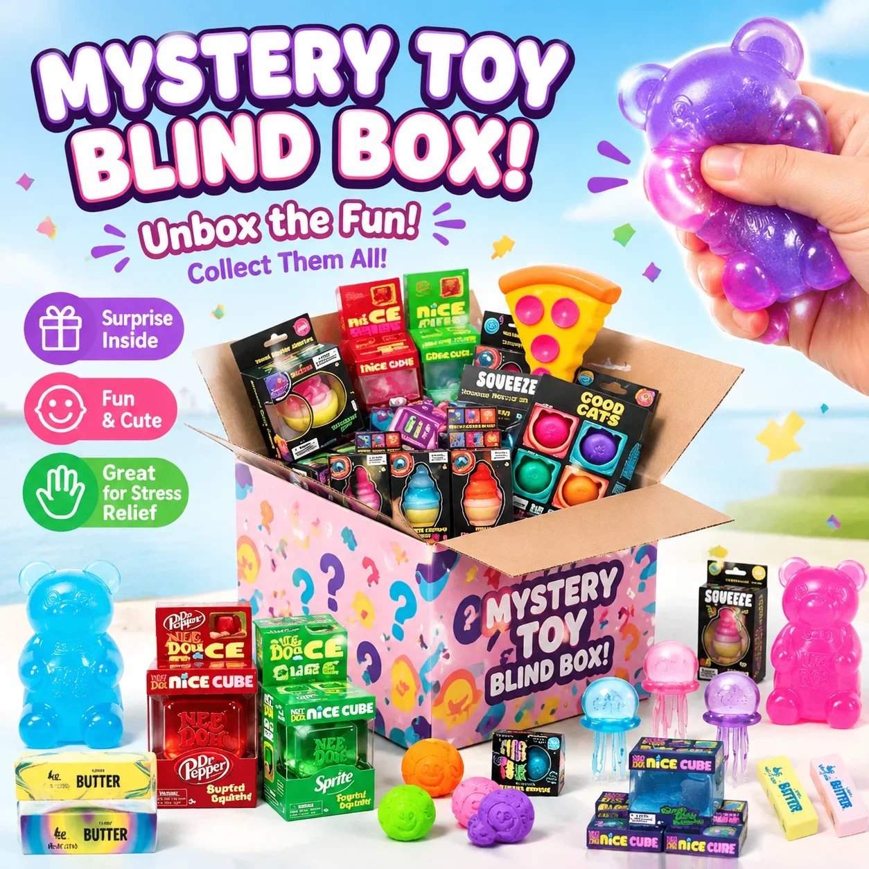 2026 Hot Cute Ocean Squishy Cube Blind Box Random Surprise Squeeze Toys Stress Relief Fidget Toy Set Guaranteed Lucky 1Pcs