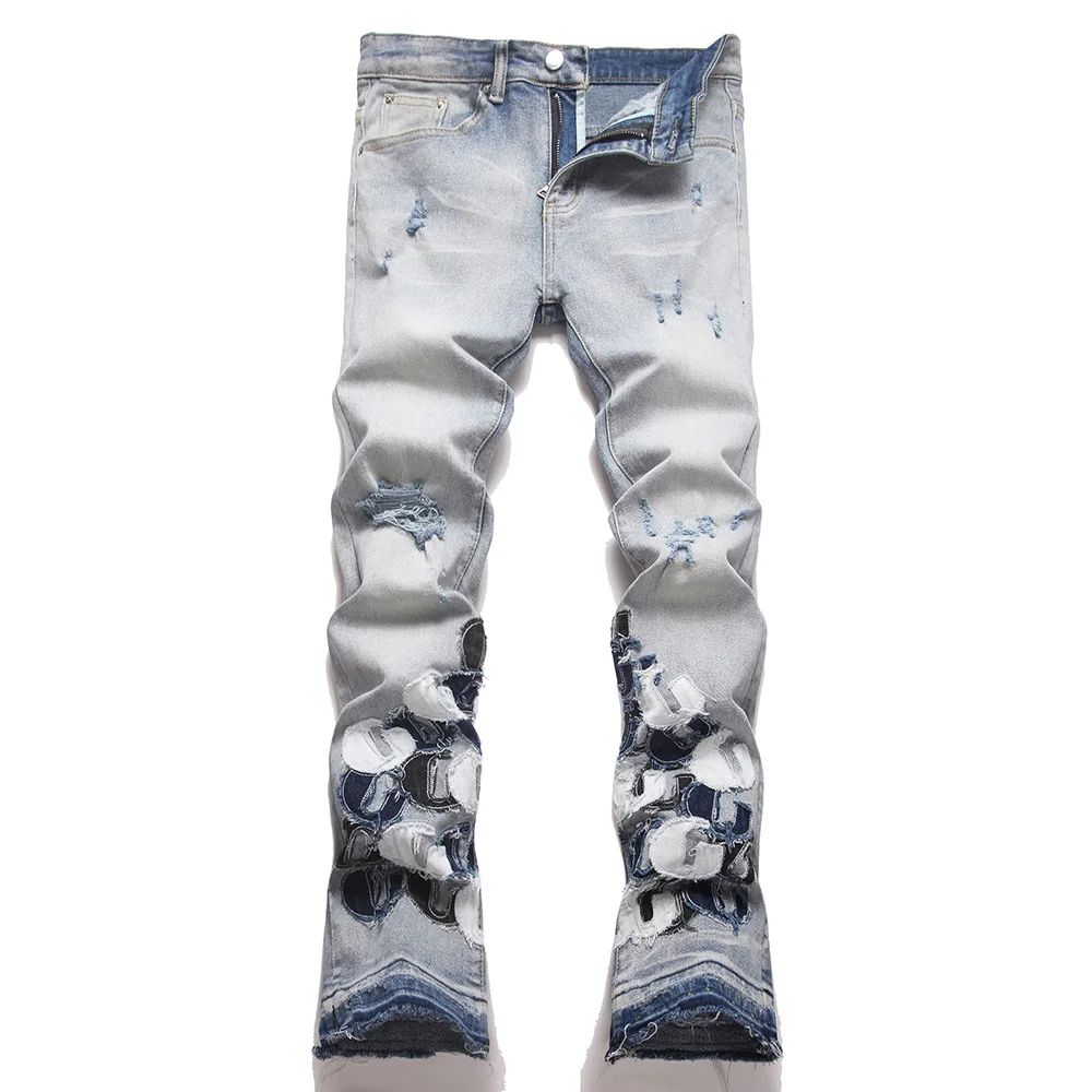 

Men's Letter Patch Denim Jeans Streetwear Holes Ripped Slim Fit Bootcut Pants Stretch Spandex Released Hem Flared Trousers