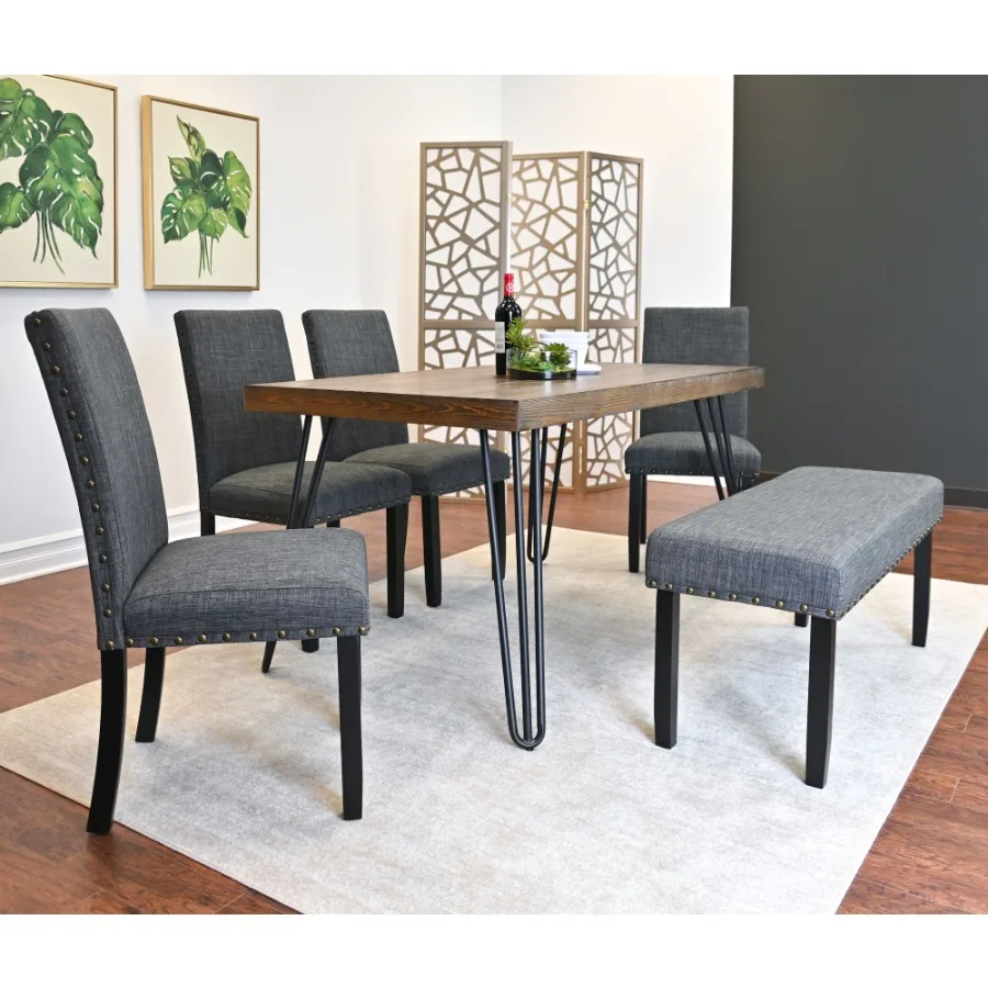 

Amisos 6Piece Dining Set Hairpin Dining Table with 4 Chairs and Upholstery Bench 3 Color Options