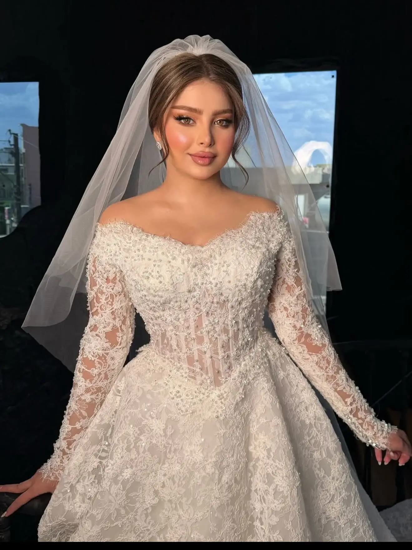 Custom Off‑the‑Shoulder Long Sleeve Lace Wedding Dress 2026 Sheer Corset Heavy Beaded A‑Line Bridal Gown