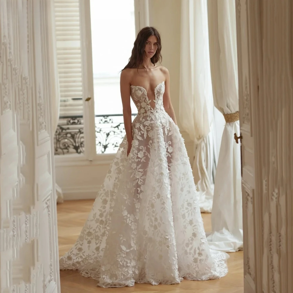 Elegante, durchsichtige Brautkleider mit tiefem V-Ausschnitt, Spitzenapplikationen, rückenfreies A-Linien-Brautkleid, bodenlang, Vestido de Novia