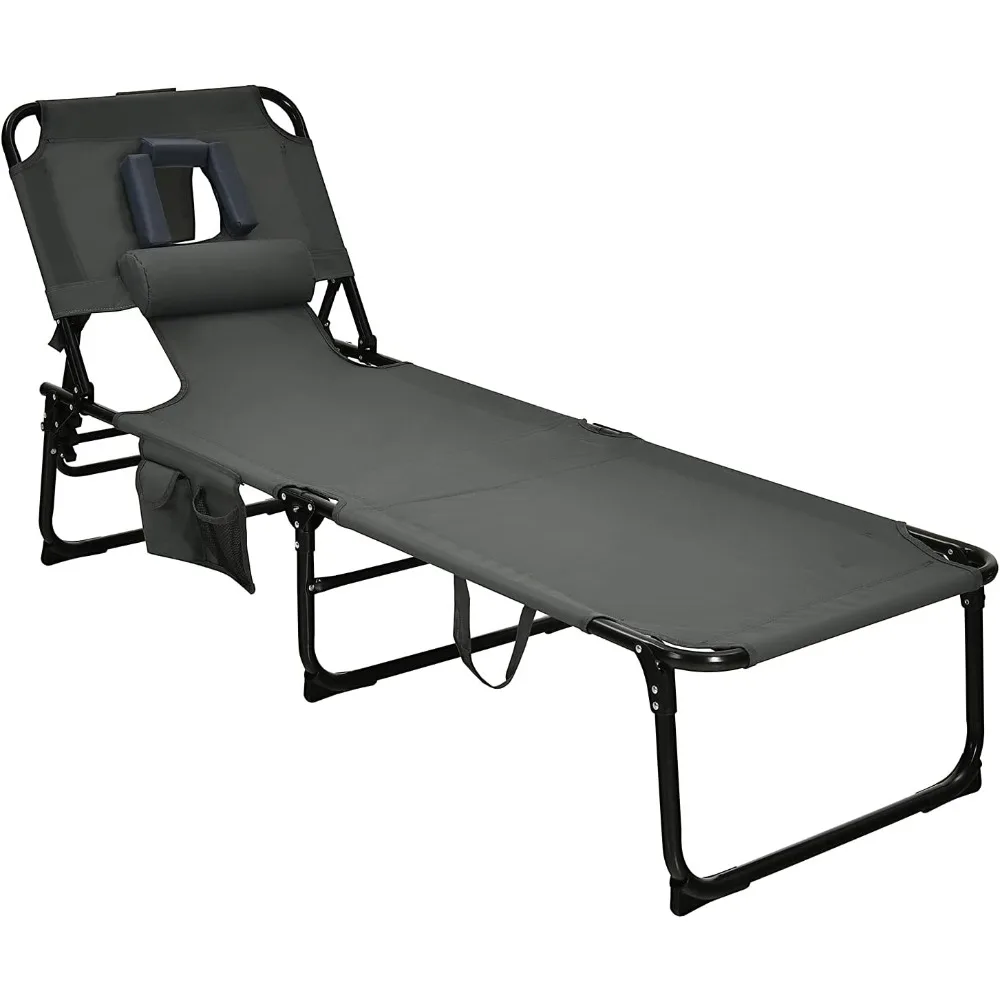 

Folding Beach Lounger with Face Arm Hole, Adjustable Backrest, Side Pocket, Pillow, Carry Handle, Sunbathing Lounge Chair