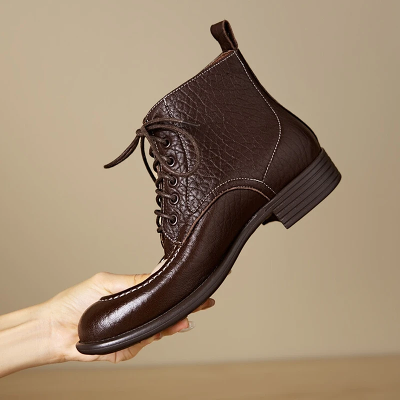 

Женские ботинки из натуральной кожи, на шнуровке, с круглым носком