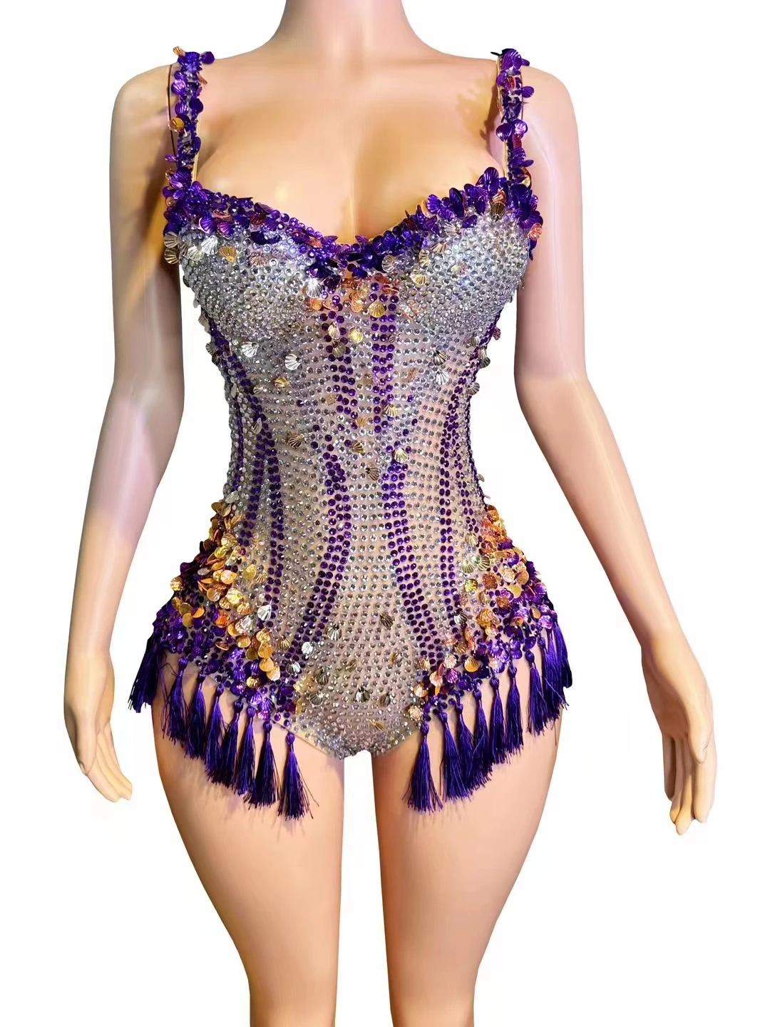 

Luxury Diamonds Purple Sequins Tassels SexyBodysuit Evening Party Performance CostumeNightclub Singer Dancer Star Stage A558