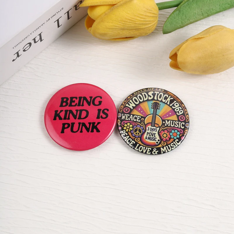 Retro Rock Band Tinplate Soft Button Pin Peace , Love & Music Flower Star Cat Brooch Shirt Lapel Badge Jewelry Gifts for Friends