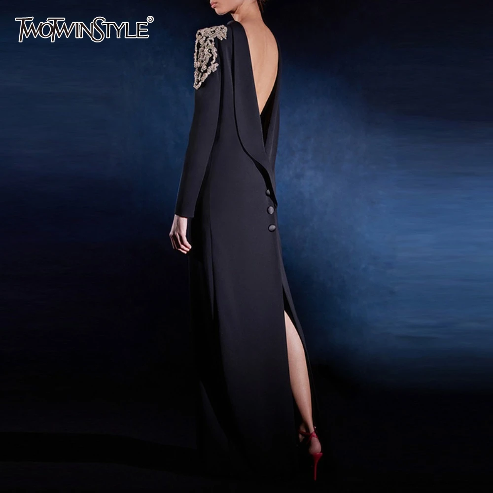 

TWOTWINSTYLE Solid Slimming Chic Dresses for Women O Neck Long Sleeve High Waist Chic Backless Dress Female