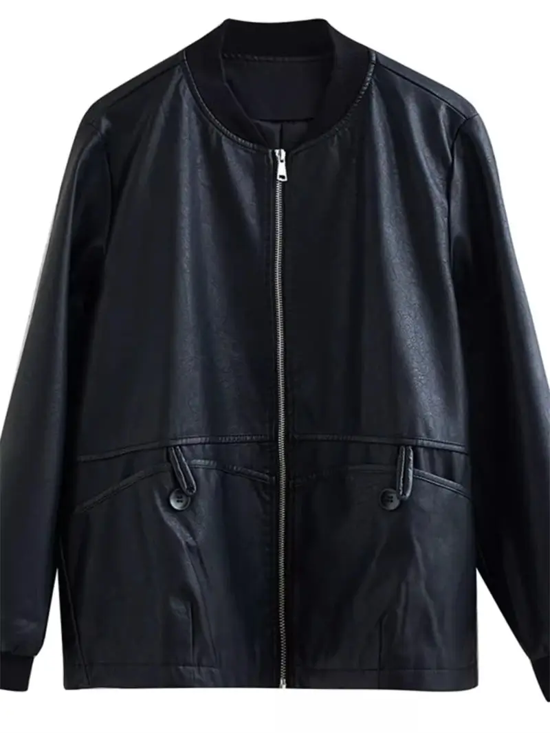 Женская куртка из ПУ кожи, черная свободная повседневная короткая куртка с Бейсбольным воротником, Z4818, весна-осень 2024