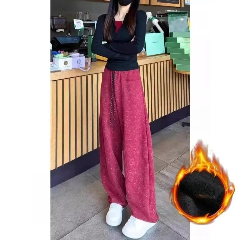 Pantalon de survêtement chaud et décontracté pour femme, en forme de poire, teint par nouage, polaire, grande taille, amincissant, jambes larges, coupe incurvée, automne hiver