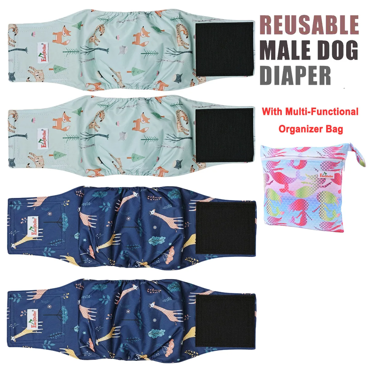 4 Pack Pet Male Dog Diaper Washable Sanitary Pants with Cute Organizer Bag Reusable Nappy Belly Band Wrap Leak Proof Dog Diapers