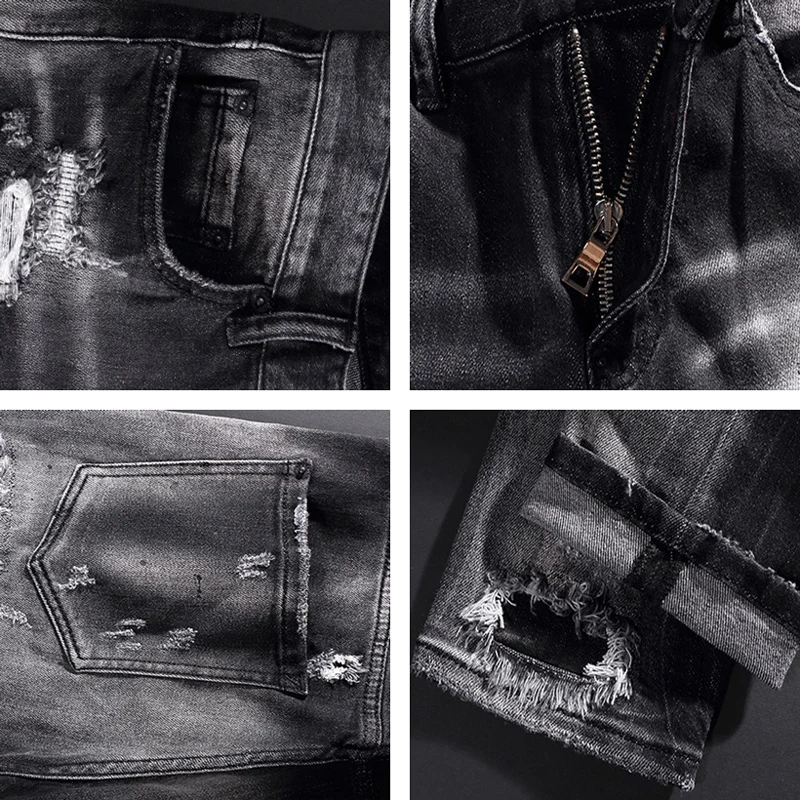 y2k Fashion New Black Grey Men's Jeans Scratch Painting Washed Water Nostalgic Stretch Slim Fit Jeans High Street Hip Hop B