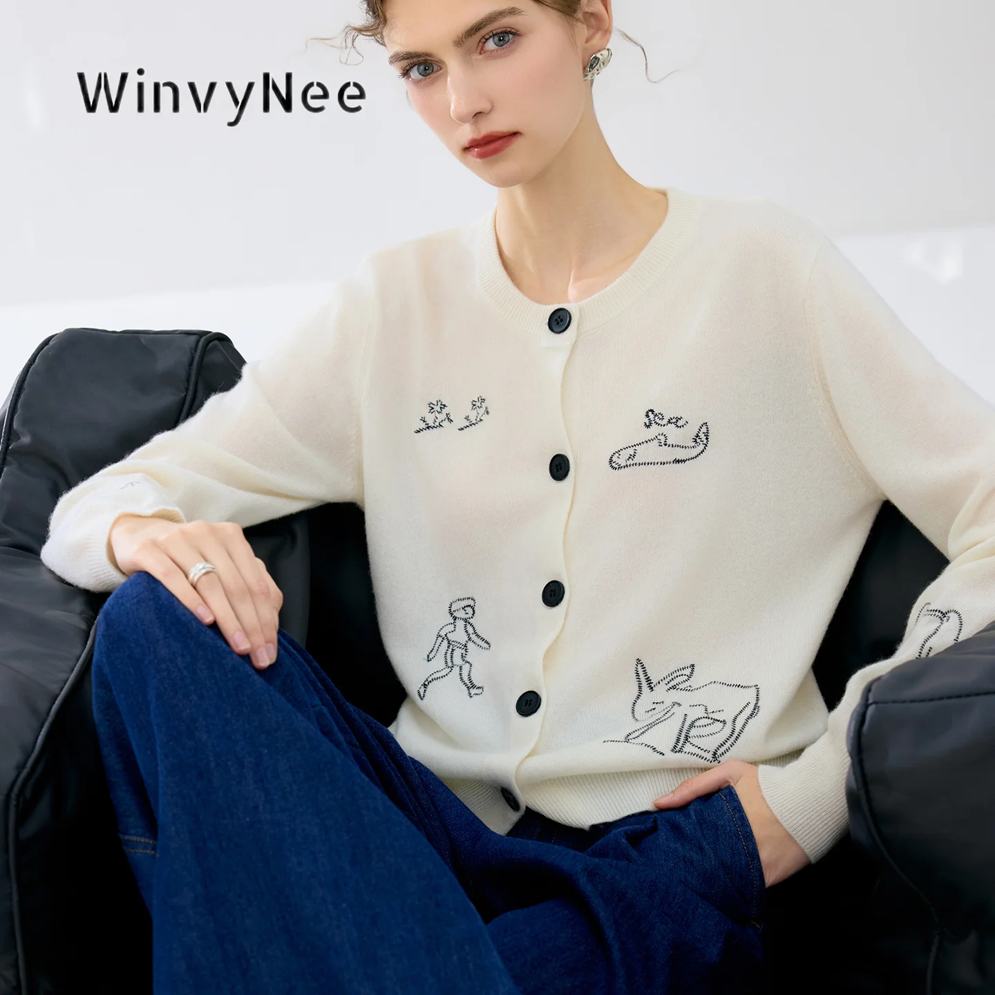 WinvyNee Women Cartoon Embroidery Knit Cardigan Cashmere Round Neck Long Sleeve Sweater Outerwear Autumn Winter Garment B1944015