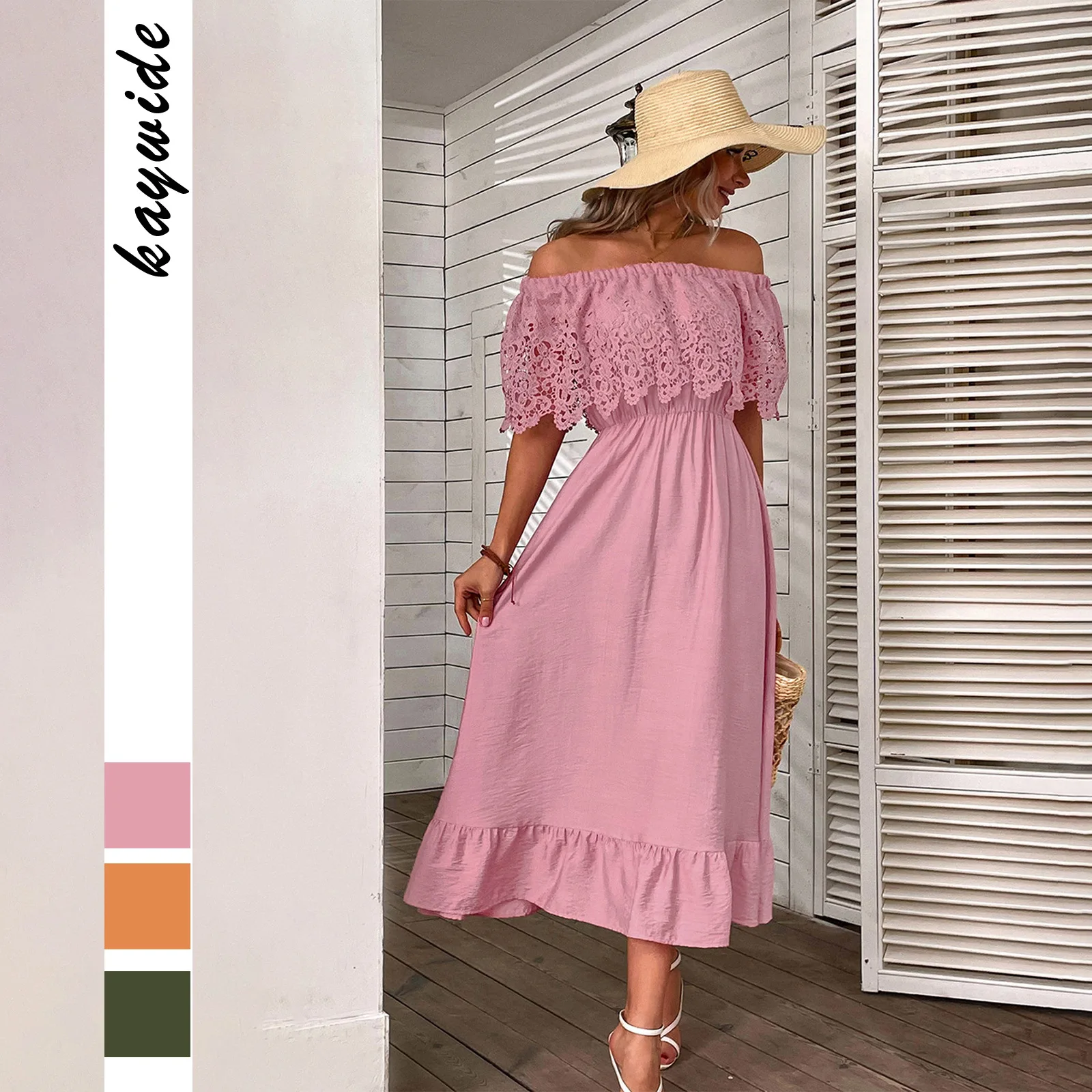 

High Quality Design Lace Patchwork Dress Spring Summer 2024, Elegant Commuting Style Large Hem Dress Ruffle Edge One Line Collar