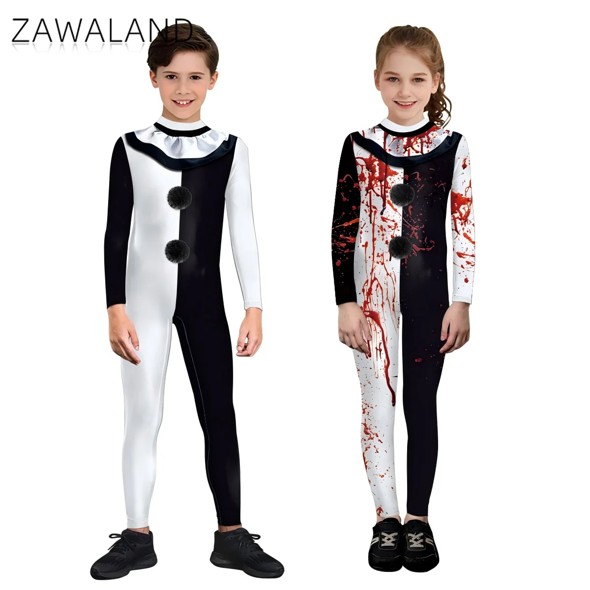 

Children Terrifier Cosplay Costume Halloween Horror Clown Role Play Jumpsuit Boy Girl Bloodstain Print Bodysuit Carnival Outfits