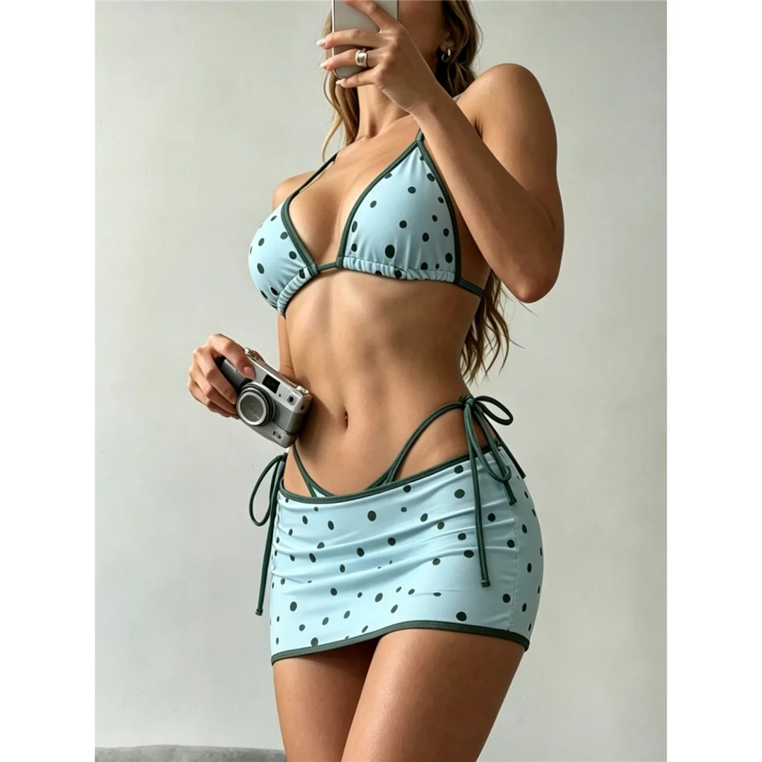 Mit Rock, Polka-Dot-Muster, Neckholder-Bikini, Damen-Badeanzug, dreiteiliges Bikini-Set, Badeanzug mit Trägern, Badebekleidung, Badeanzug V8380 – Detail 10