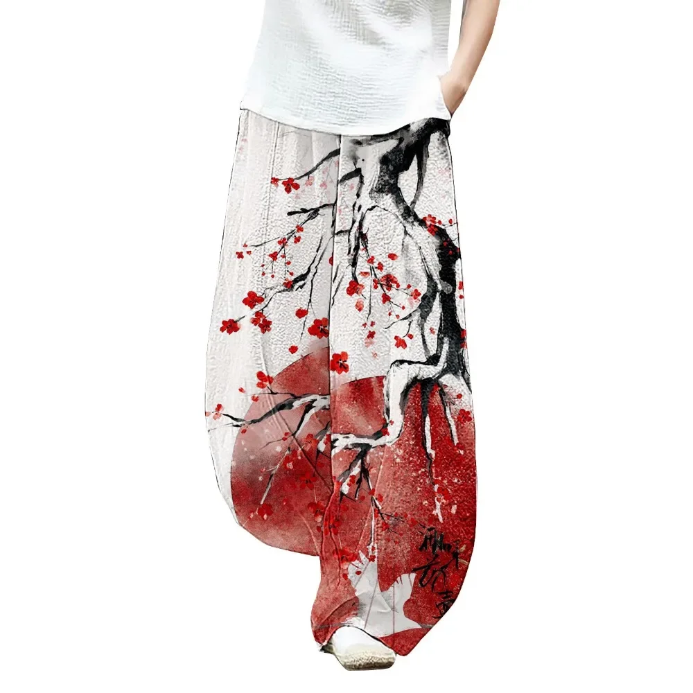 

Floral Ink Art Lantern Pants Women's Pocket Loose Artistic Style Wide Leg Pant Harajuku Elastic Waist Loose Boho Casual Trousers