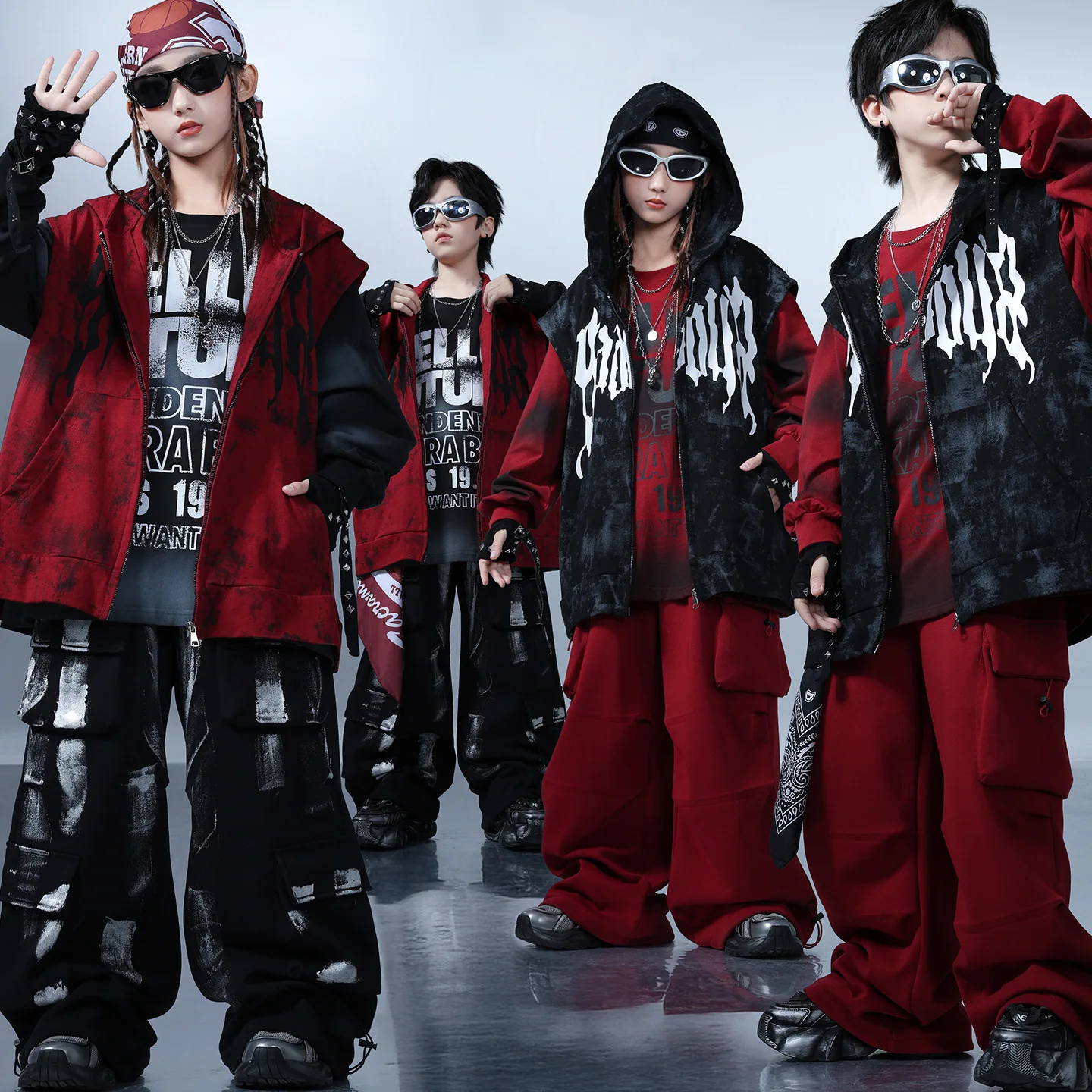 

Kid Kpop Hip Hop Clothing Red Print Hoodie Vest Letters Sweatshirt Black Pockets Cargo Pants for Girl Boy Dance Costume Clothes