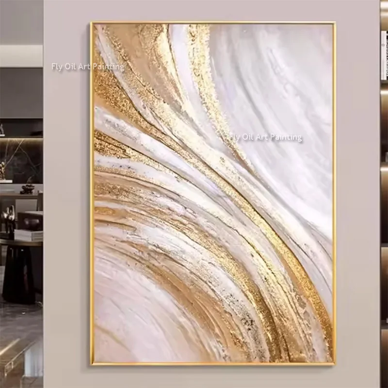 

Абстрактная картина на холсте с белыми и желтыми волнами, новый оригинальный дизайн, ручная роспись маслом, специальная желтая картина маслом для дома