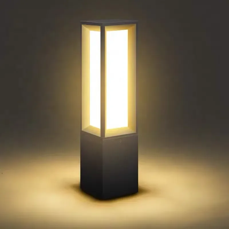 Modern Rectangle Garden Light IP65 Decorative Square Warm White Waterproof Aluminum Outdoor LED Lawn Post Light Sensor