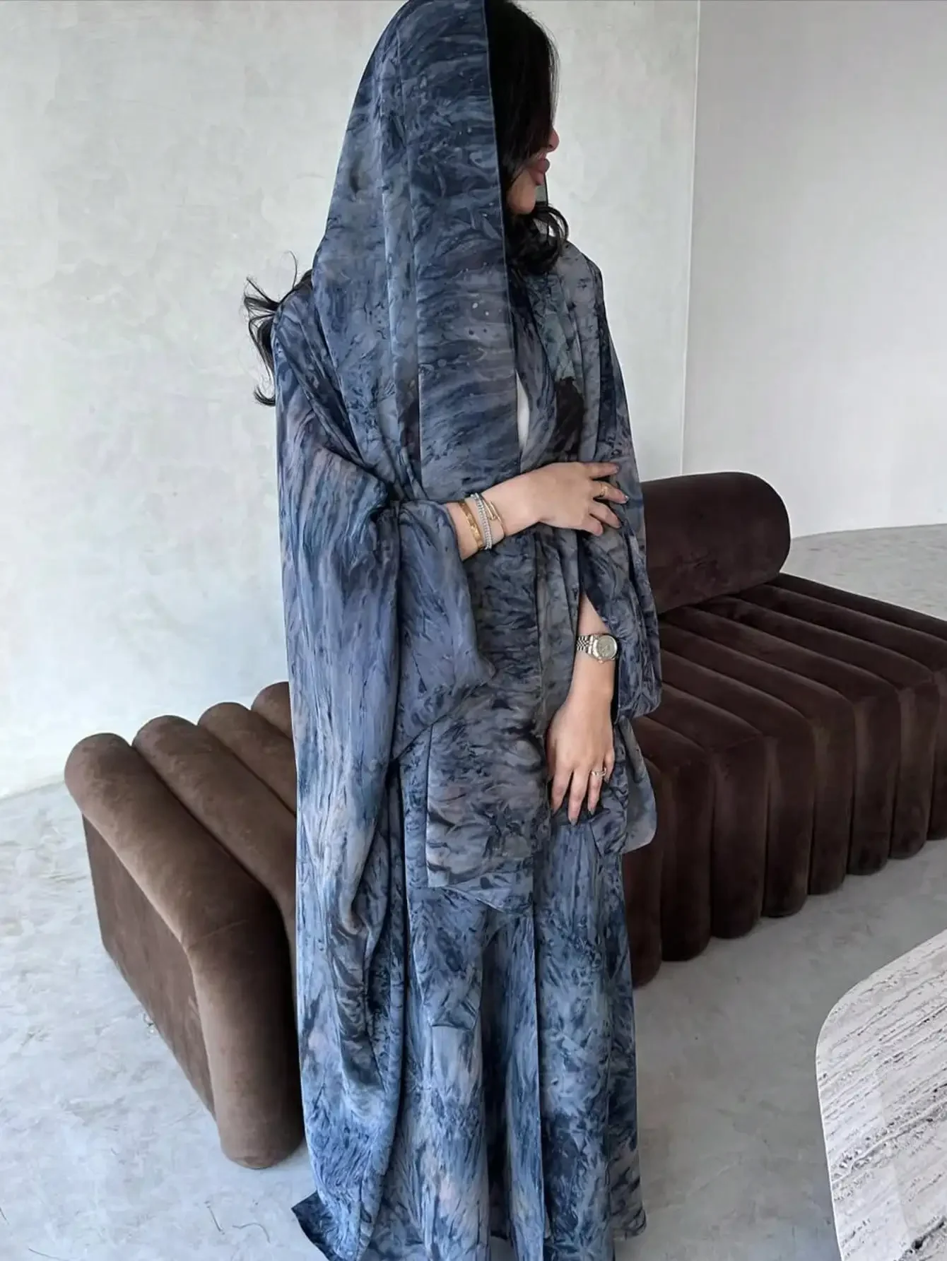 Mulheres tie dye solto abaya manga cheia frente aberta abayas turquia kaftan médio oriente árabe maxi vestidos jilbabs sem hijab