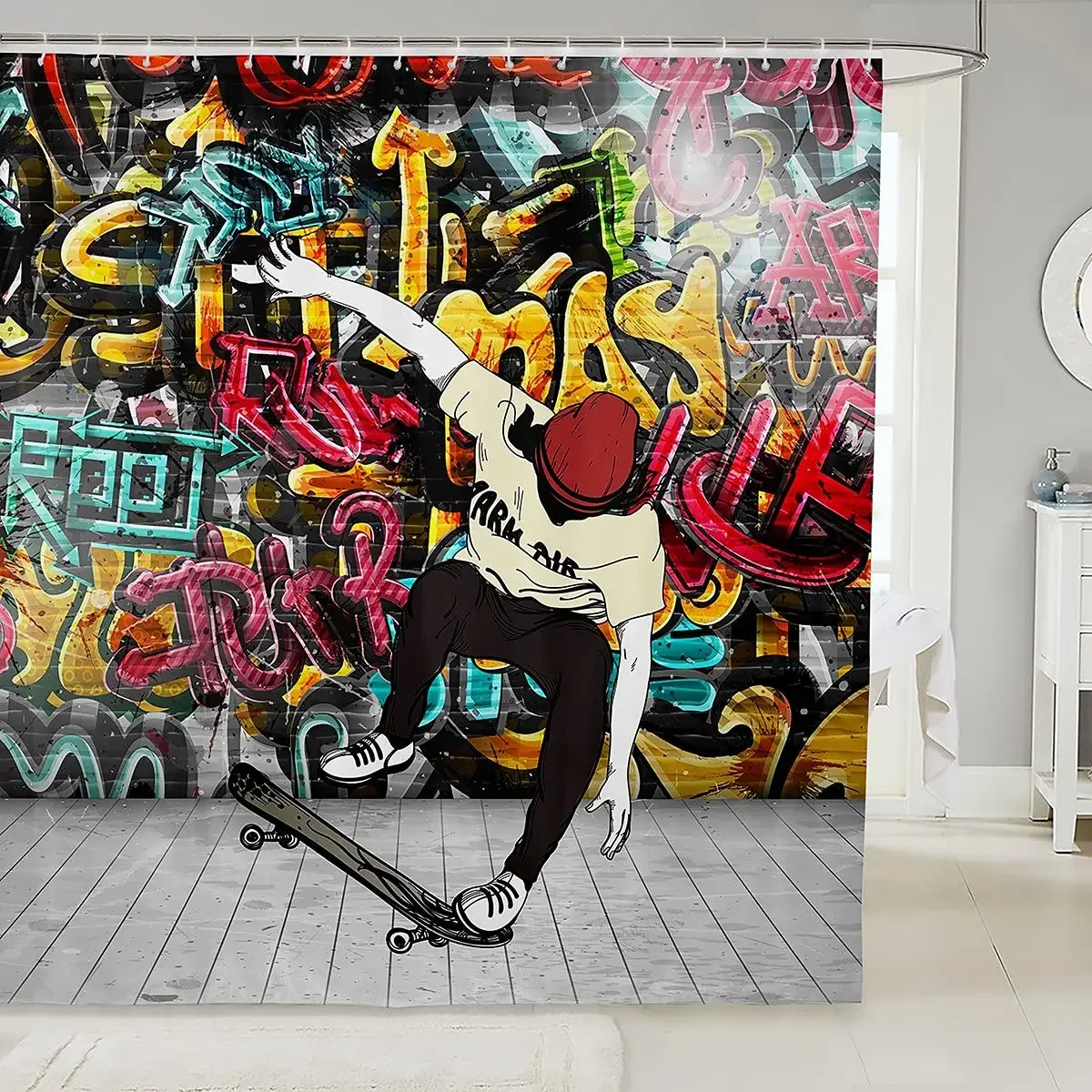 

Boys Skateboard Shower Curtain Colorful Graffiti Style Bathtub Curtains with Hook Skateboard Hip Hop Street Culture Bath Curtain