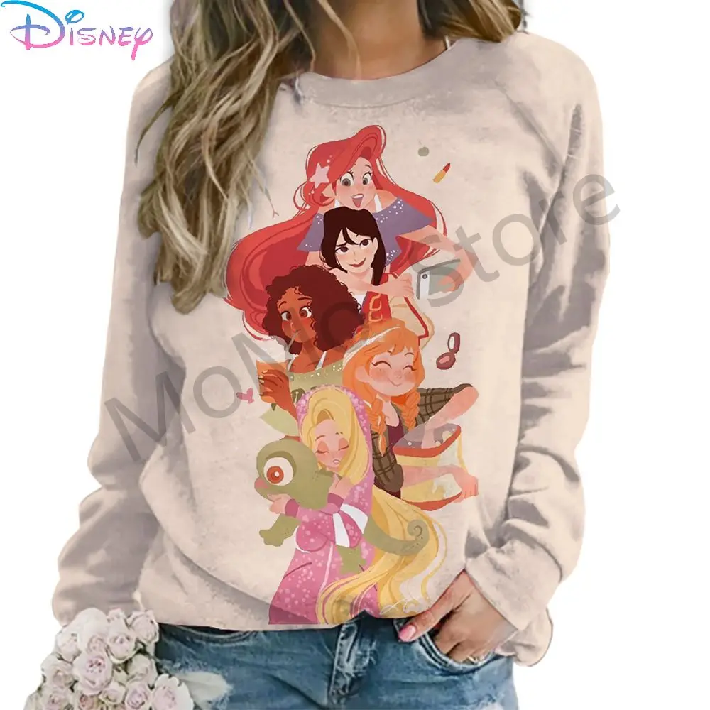 O Neck Women\'s Long Sleeve Sweatshirts Disney Princess Autumn New Street Wear Kawaii Clothes 2024 S-3XL Leisure High Quality